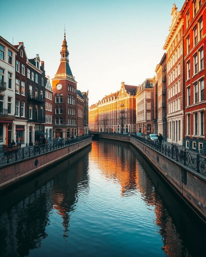 Historic canal houses in a European city at sunset