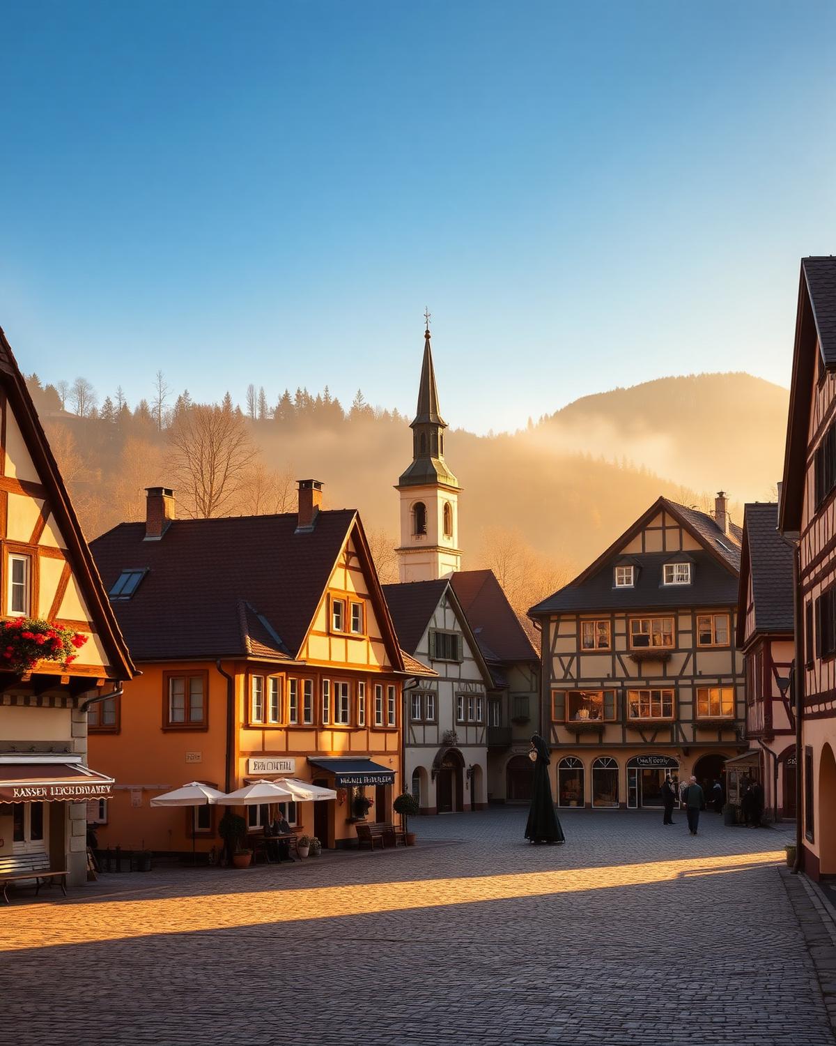 Historic German town square with half-timbered houses at golden hour